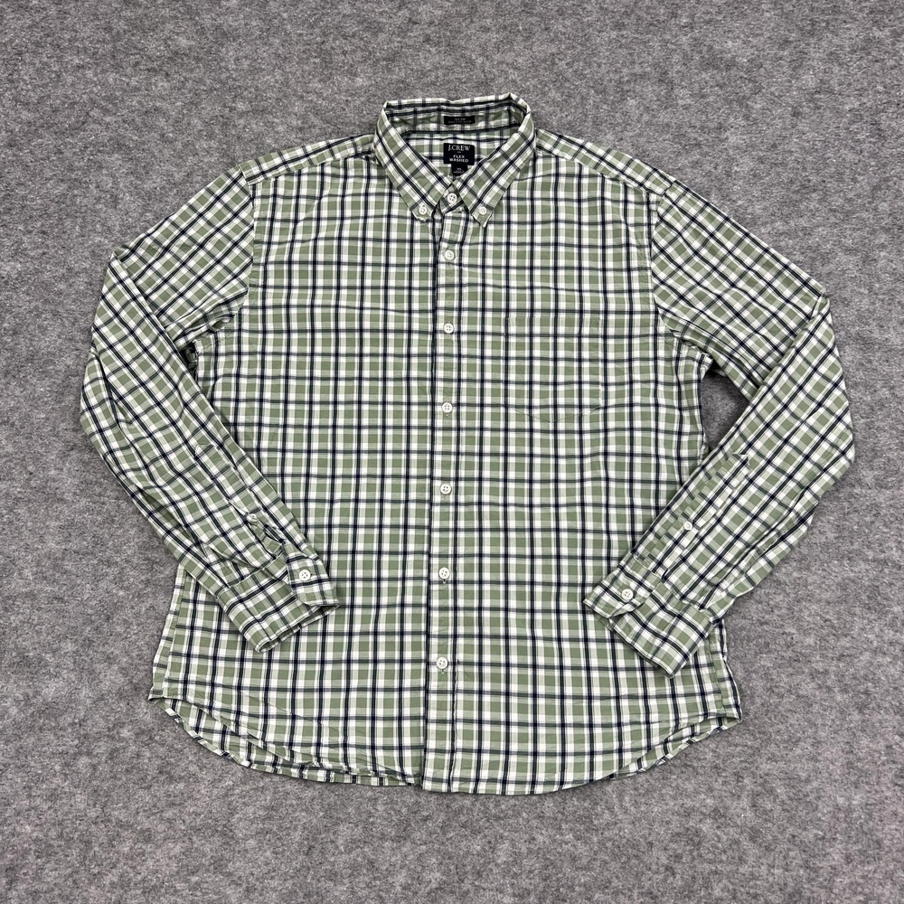 J Crew Shirt Mens XL Green Plaid Flex Washed Slim Untucked Button Up Stretch